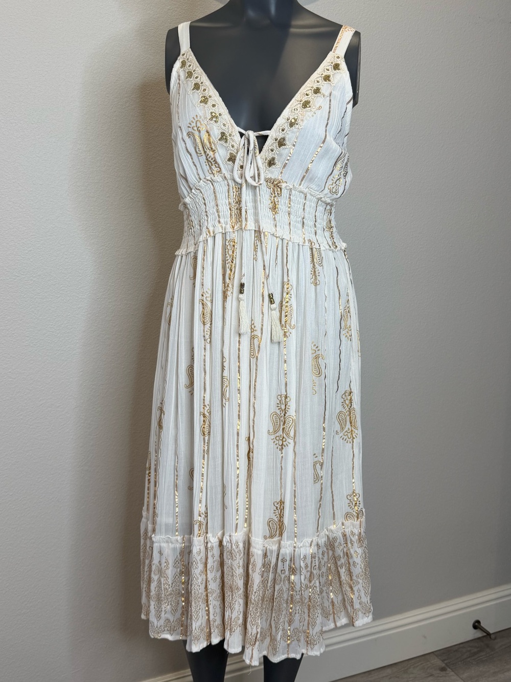 Anthropologie Me 2 Magic Cream and Gold Bohemian Dress Womens Size L NWT